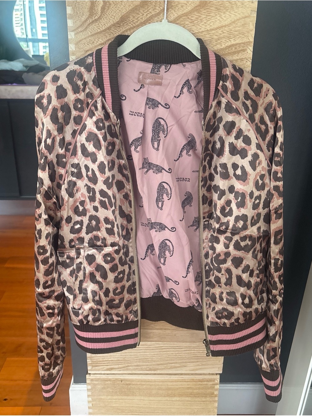 MOTHER Leopard Satin Bomber Jacket in Pink and Brown
